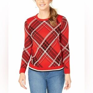 NWT Charter Club Sweater Plaid Pullover - Ravishing Red Cambo - Petite Small